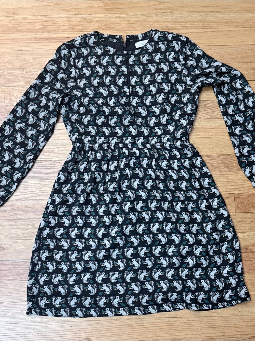 LOFT Black Long-Sleeve Dress with Light Gray Squirrel Print